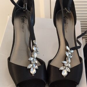 FIONI Clothing Black Satin T-Strap Heels with Clear Crystal Embellishments